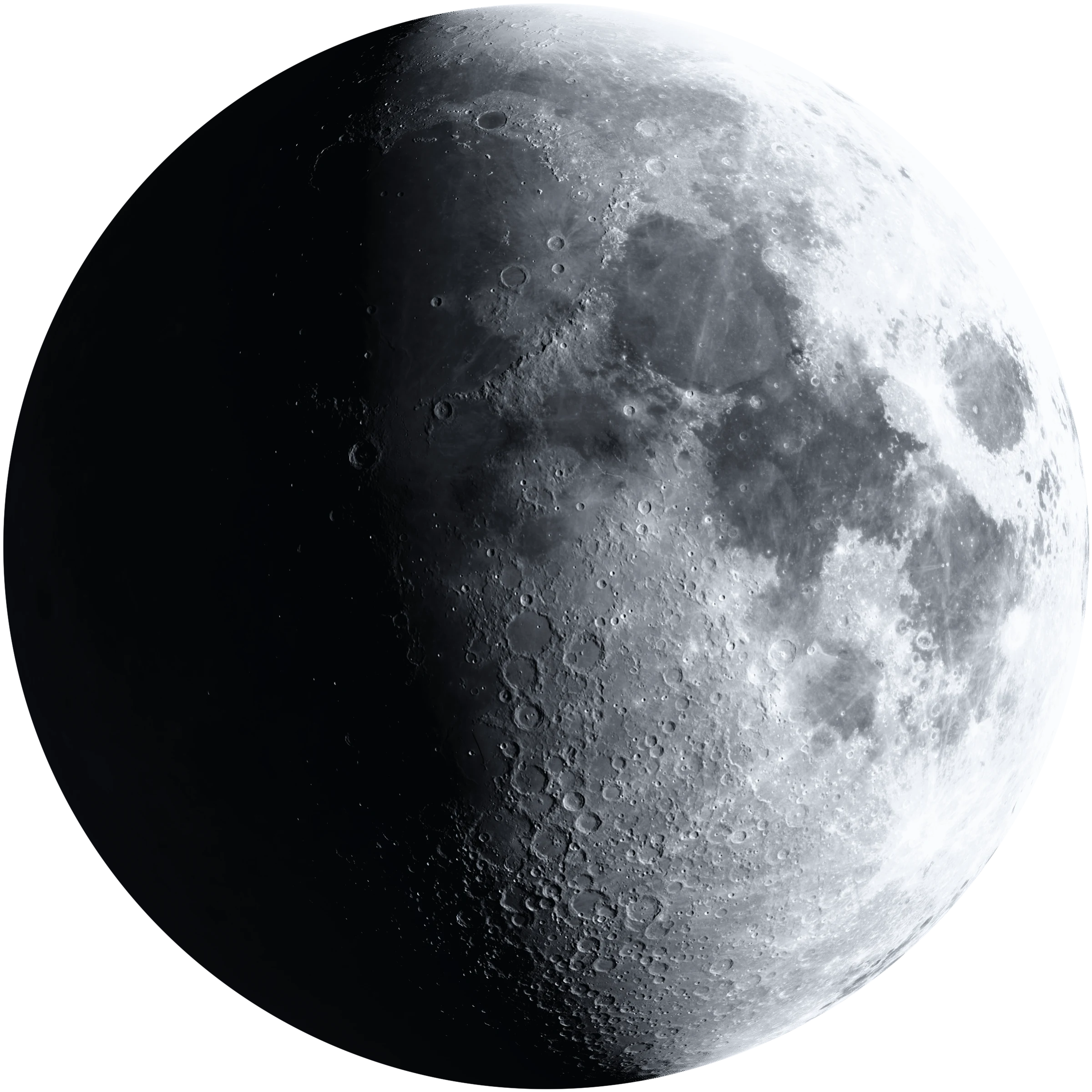 The near side of the Moon, rendered from LRO's global colour mosaic and LOLA elevation data, graded silver